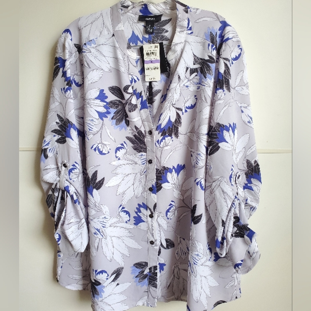ALFANI BLOUSE SIZE 18 NEW WITH TAG FLORAL DESIGN ADJUSTED SLEEVES V-NECK